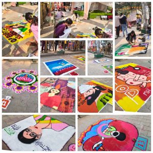 प्रतिभागियों द्वारा बनाई गई विभिन्न प्रकार की रंगोली