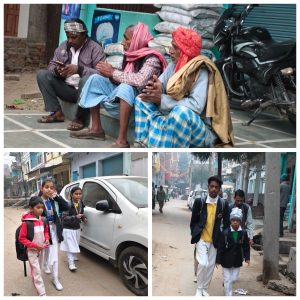 ठंड में बैठे कामगार, स्कूल जाते बच्चे